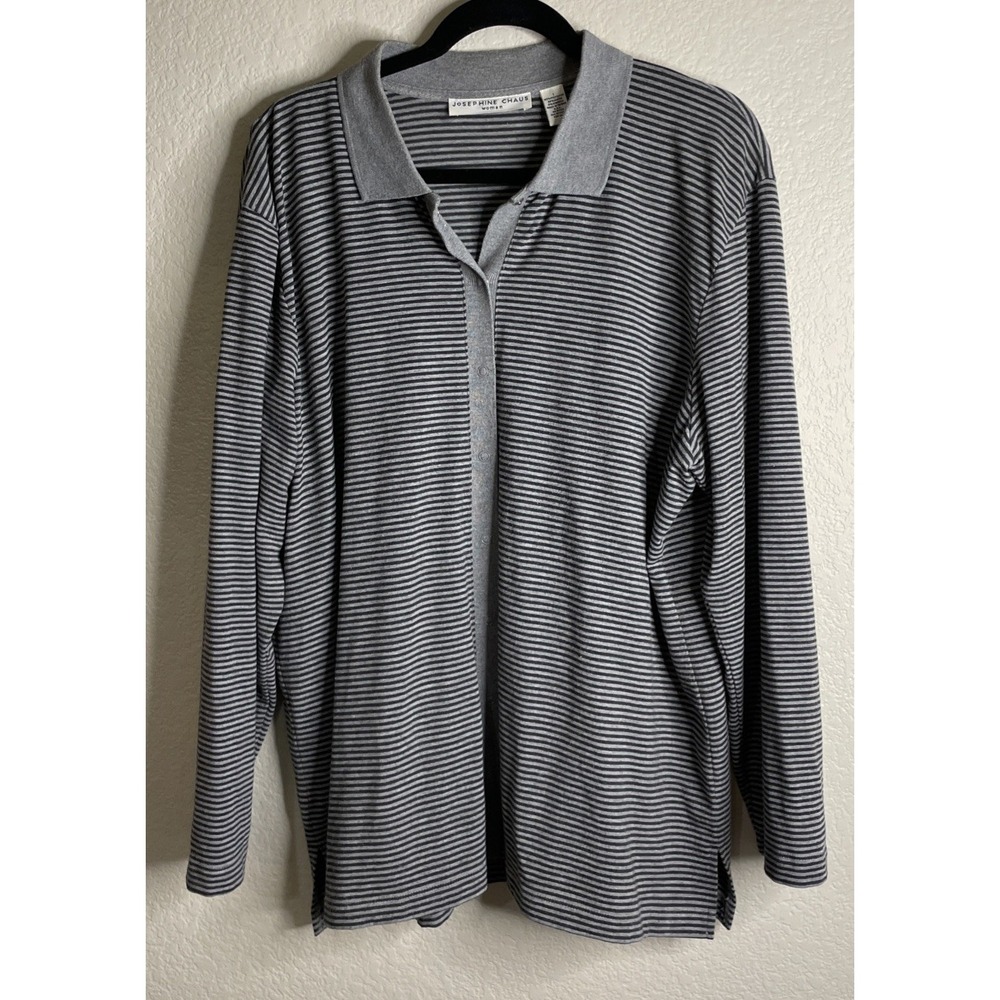 Josephine Chaus 1 US 1X Polo Top Grey Striped Long Sleeve Button Collar Preppy